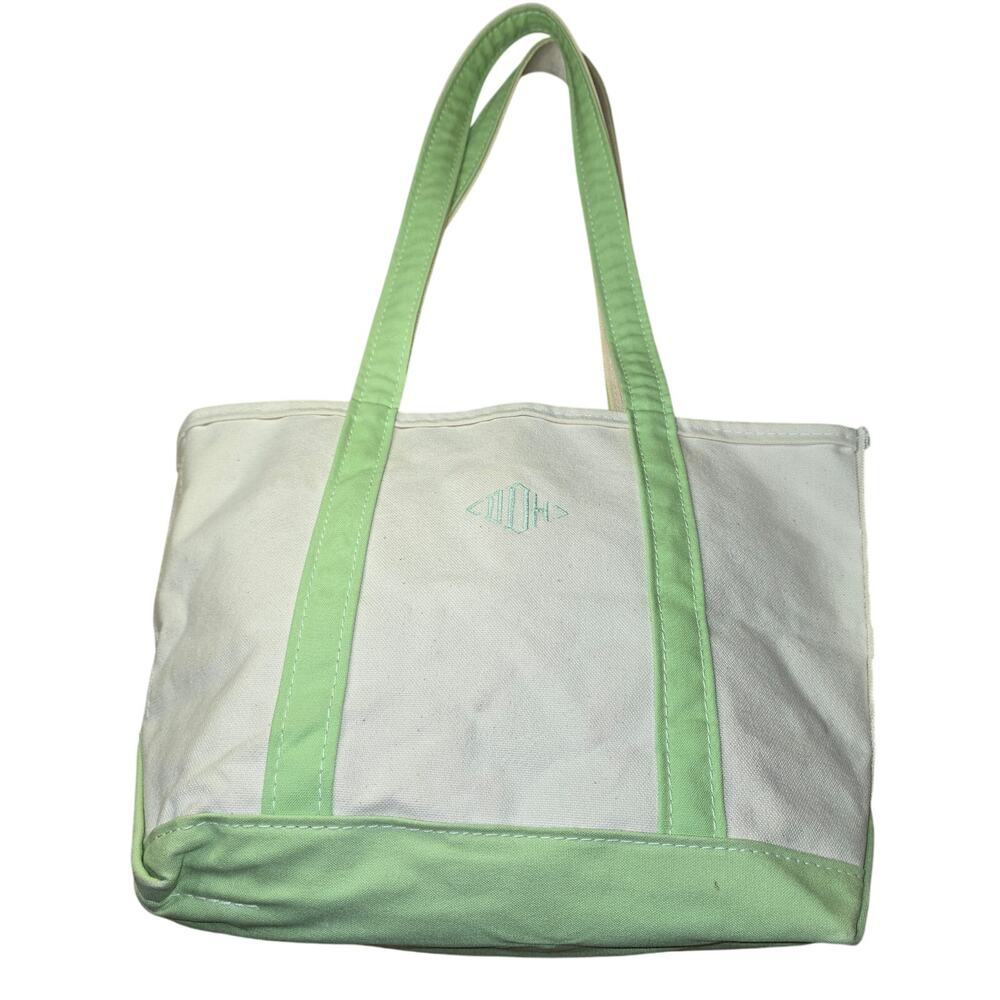 L.L. Bean Boat and Tote Canvas Bag Cream Mint Green Monogram DDH Large